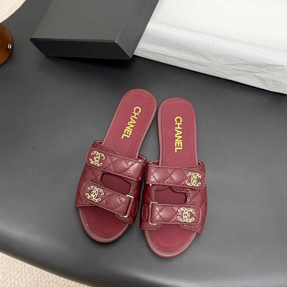 Authentic Chanel Double-Strap Gold CC Logo Burgundy Slides